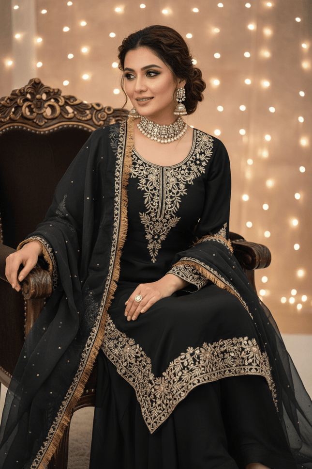 Faux Georgette Plazo Set | Thread & Sequence Embroidery | 3-Piece Ethnic Suit - Rosepetals Luxe
