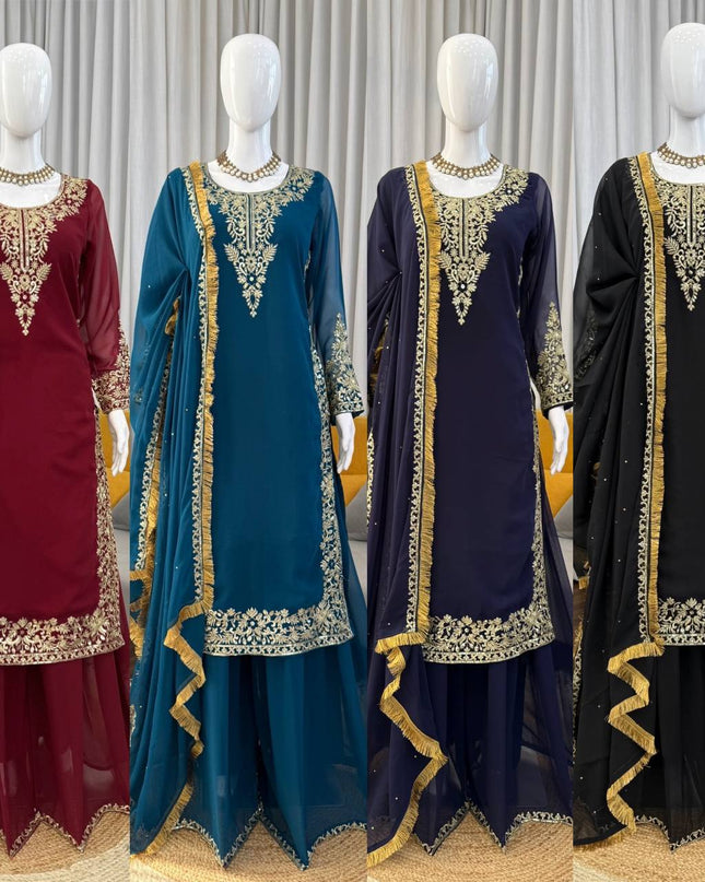Faux Georgette Plazo Set | Thread & Sequence Embroidery | 3-Piece Ethnic Suit - Rosepetals Luxe
