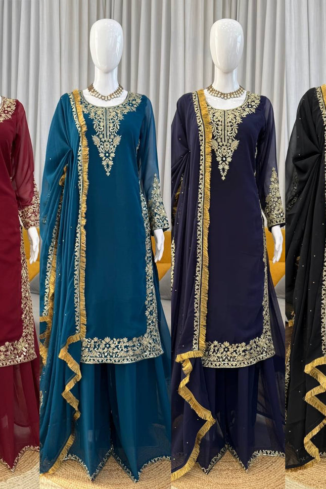 Faux Georgette Plazo Set | Thread & Sequence Embroidery | 3-Piece Ethnic Suit - Rosepetals Luxe