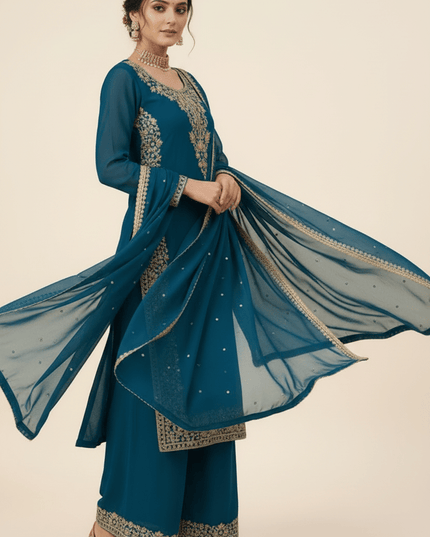 Faux Georgette Plazo Set | Thread & Sequence Embroidery | 3-Piece Ethnic Suit - Rosepetals Luxe