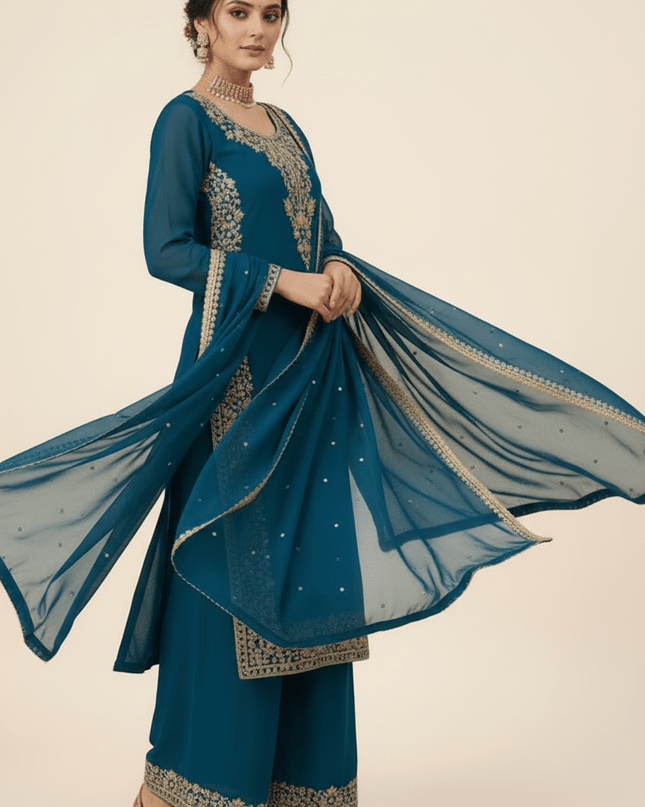 Faux Georgette Plazo Set | Thread & Sequence Embroidery | 3-Piece Ethnic Suit - Rosepetals Luxe