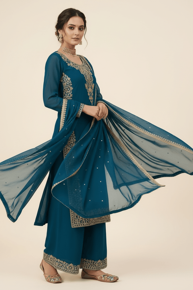 Faux Georgette Plazo Set | Thread & Sequence Embroidery | 3-Piece Ethnic Suit - Rosepetals Luxe