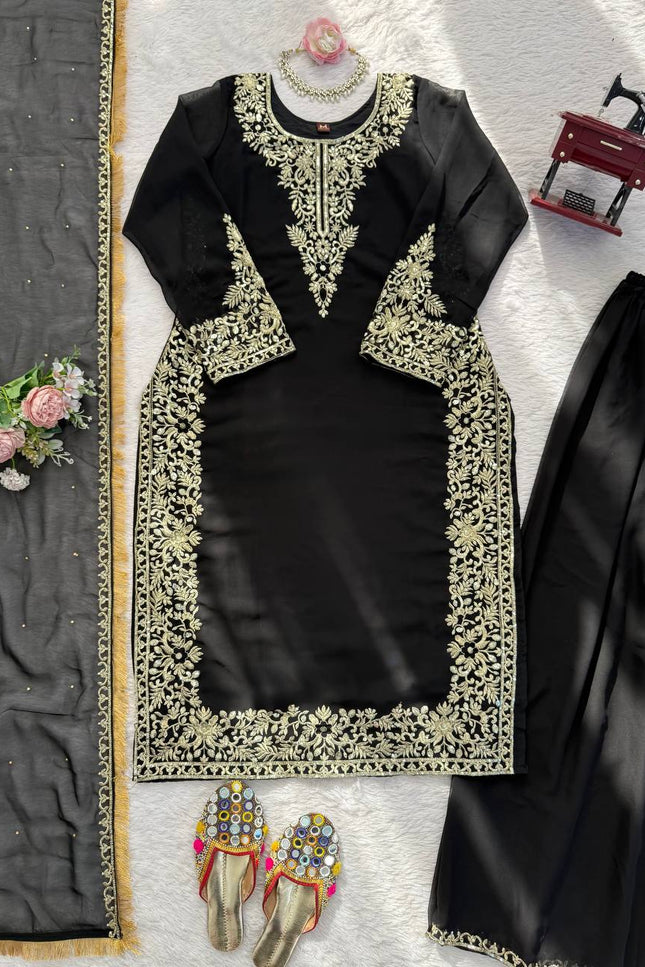 Faux Georgette Plazo Set | Thread & Sequence Embroidery | 3-Piece Ethnic Suit - Rosepetals Luxe