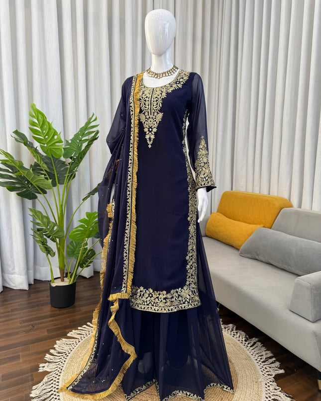 Faux Georgette Plazo Set | Thread & Sequence Embroidery | 3-Piece Ethnic Suit - Rosepetals Luxe