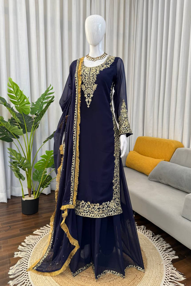 Faux Georgette Plazo Set | Thread & Sequence Embroidery | 3-Piece Ethnic Suit - Rosepetals Luxe
