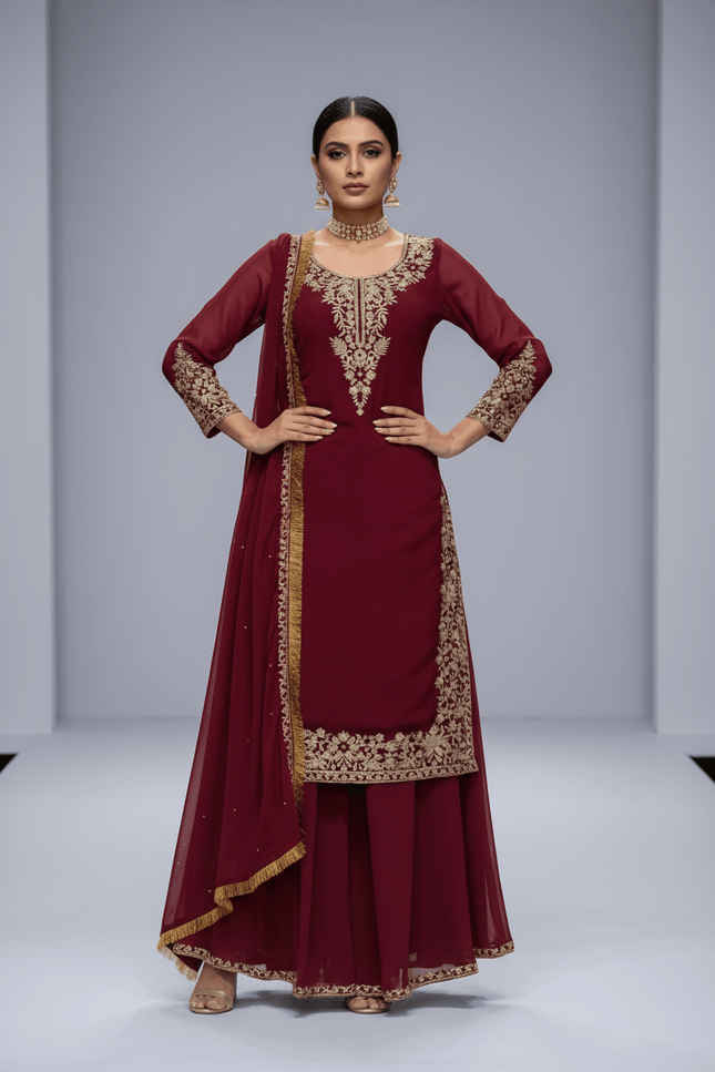 Faux Georgette Plazo Set | Thread & Sequence Embroidery | 3-Piece Ethnic Suit - Rosepetals Luxe