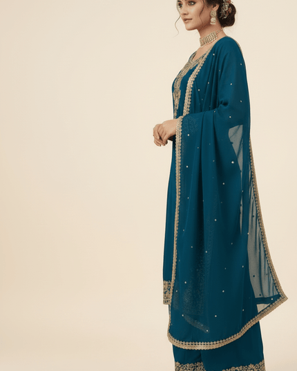 Faux Georgette Plazo Set | Thread & Sequence Embroidery | 3-Piece Ethnic Suit - Rosepetals Luxe