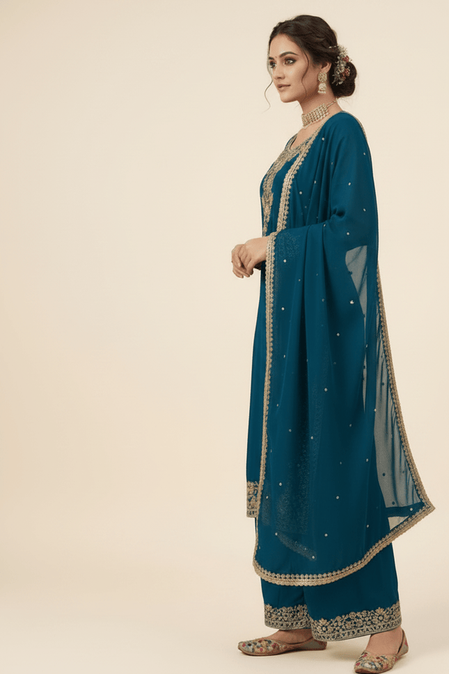 Faux Georgette Plazo Set | Thread & Sequence Embroidery | 3-Piece Ethnic Suit - Rosepetals Luxe