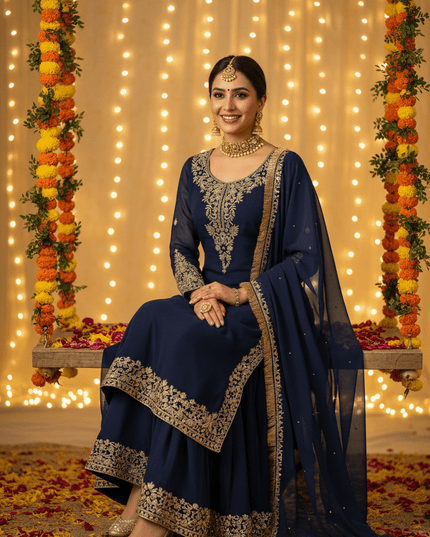 Faux Georgette Plazo Set | Thread & Sequence Embroidery | 3-Piece Ethnic Suit - Rosepetals Luxe
