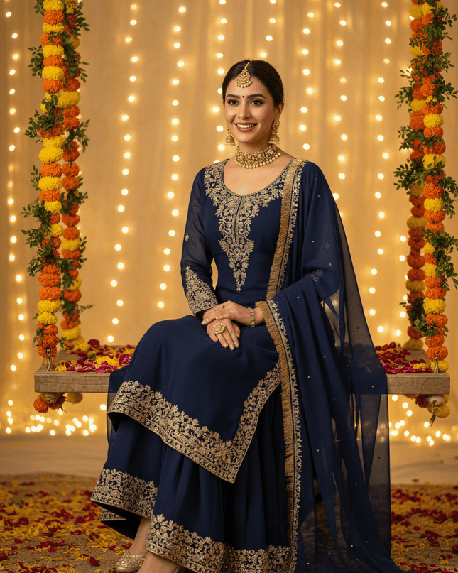 Faux Georgette Plazo Set | Thread & Sequence Embroidery | 3-Piece Ethnic Suit - Rosepetals Luxe