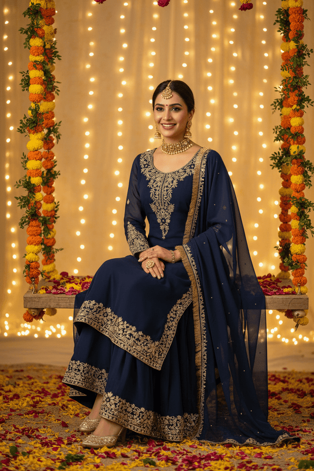 Faux Georgette Plazo Set | Thread & Sequence Embroidery | 3-Piece Ethnic Suit - Rosepetals Luxe