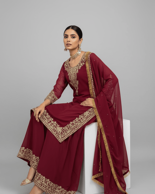 Faux Georgette Plazo Set | Thread & Sequence Embroidery | 3-Piece Ethnic Suit - Rosepetals Luxe