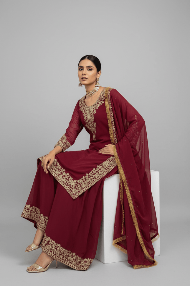 Faux Georgette Plazo Set | Thread & Sequence Embroidery | 3-Piece Ethnic Suit - Rosepetals Luxe