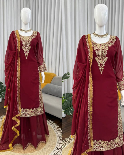 Faux Georgette Plazo Set | Thread & Sequence Embroidery | 3-Piece Ethnic Suit - Rosepetals Luxe