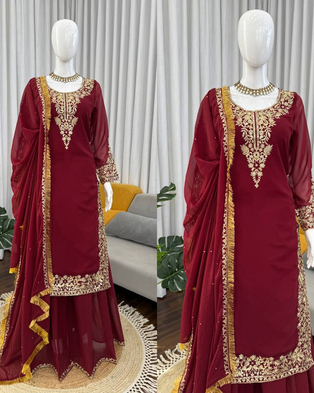 Faux Georgette Plazo Set | Thread & Sequence Embroidery | 3-Piece Ethnic Suit - Rosepetals Luxe