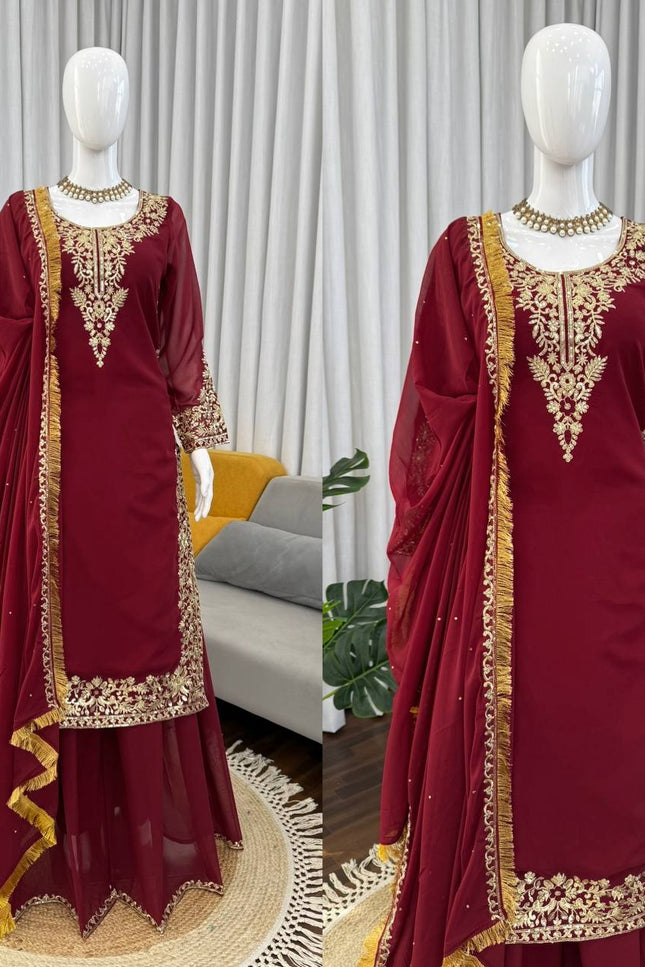 Faux Georgette Plazo Set | Thread & Sequence Embroidery | 3-Piece Ethnic Suit - Rosepetals Luxe