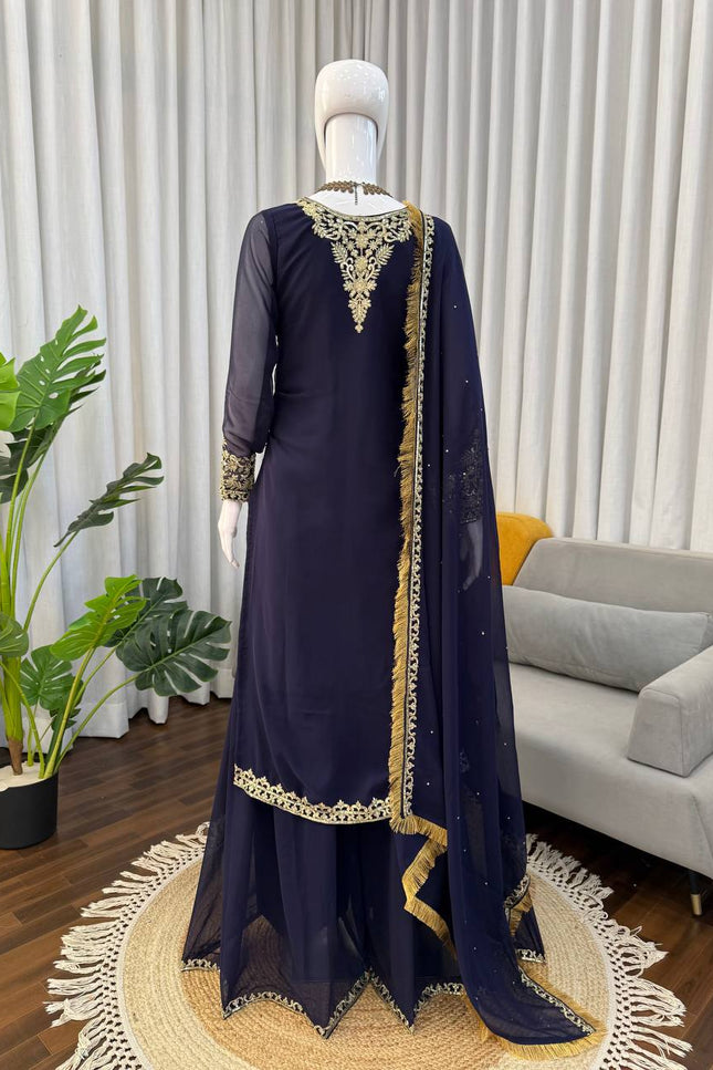Faux Georgette Plazo Set | Thread & Sequence Embroidery | 3-Piece Ethnic Suit - Rosepetals Luxe