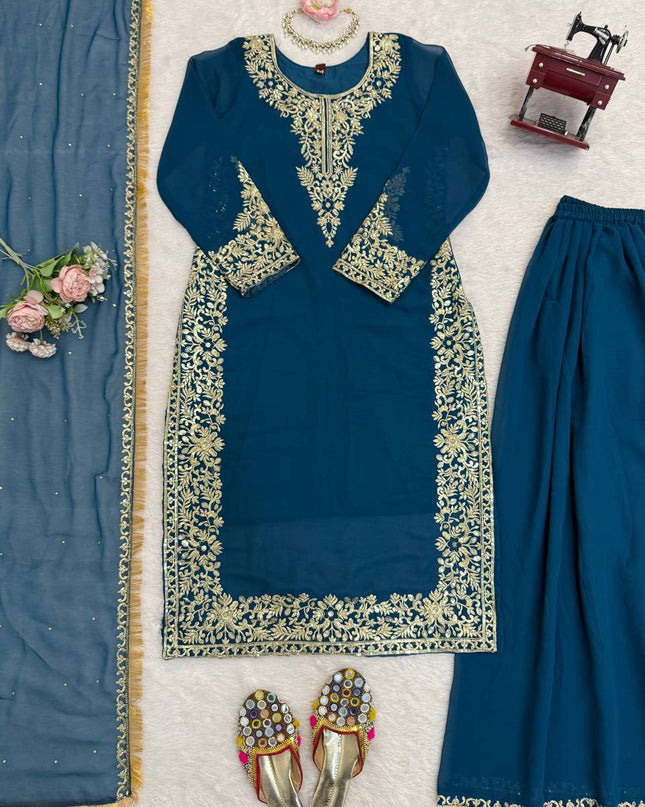 Faux Georgette Plazo Set | Thread & Sequence Embroidery | 3-Piece Ethnic Suit - Rosepetals Luxe