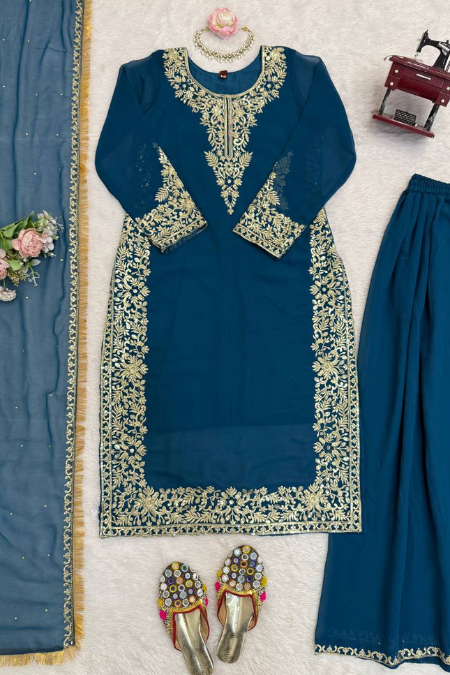 Faux Georgette Plazo Set | Thread & Sequence Embroidery | 3-Piece Ethnic Suit - Rosepetals Luxe