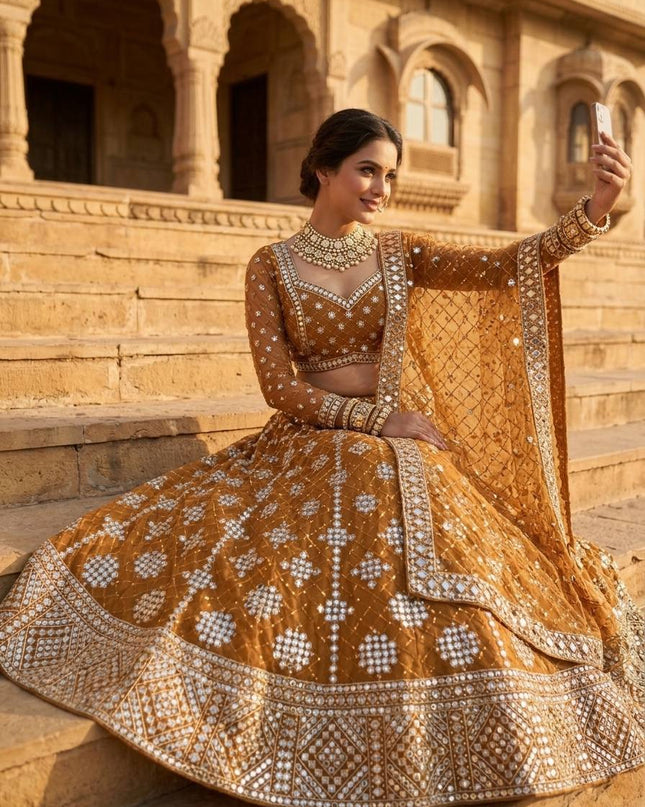 Faux Georgette Real Mirror & Sequins Embroidered Lehenga Choli with 4 - Meter Flare - Rosepetals Luxe