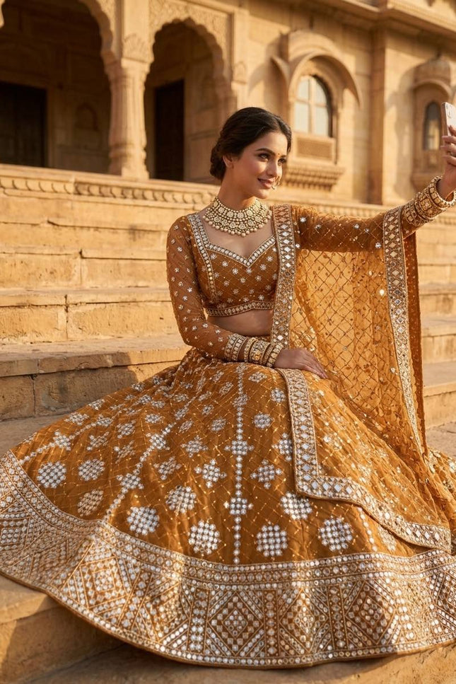 Faux Georgette Real Mirror & Sequins Embroidered Lehenga Choli with 4 - Meter Flare - Rosepetals Luxe