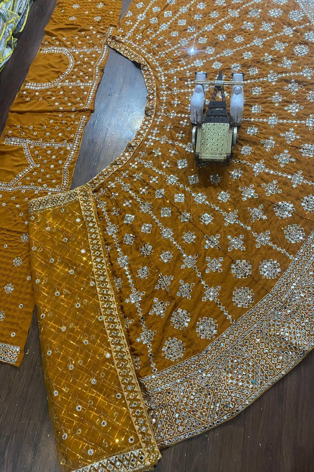 Faux Georgette Real Mirror & Sequins Embroidered Lehenga Choli with 4 - Meter Flare - Rosepetals Luxe