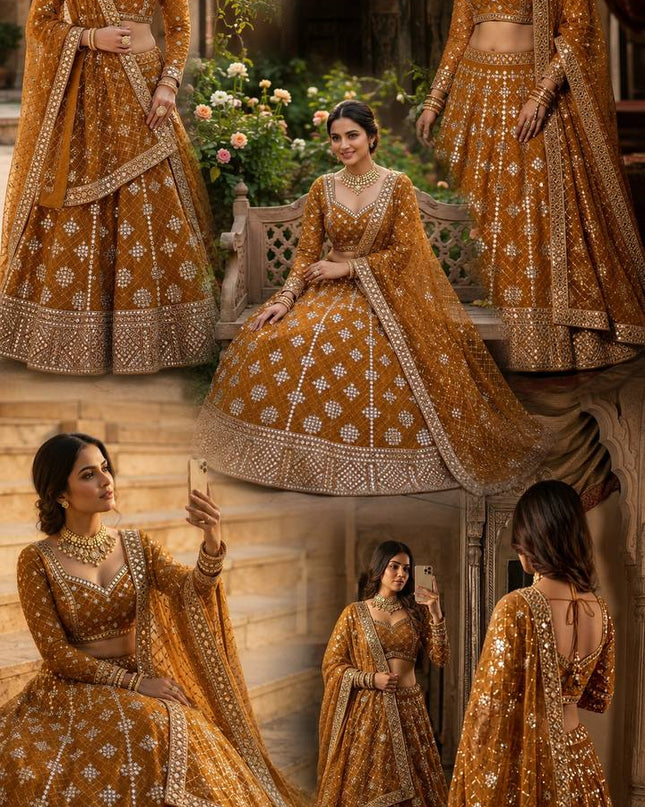 Faux Georgette Real Mirror & Sequins Embroidered Lehenga Choli with 4 - Meter Flare - Rosepetals Luxe