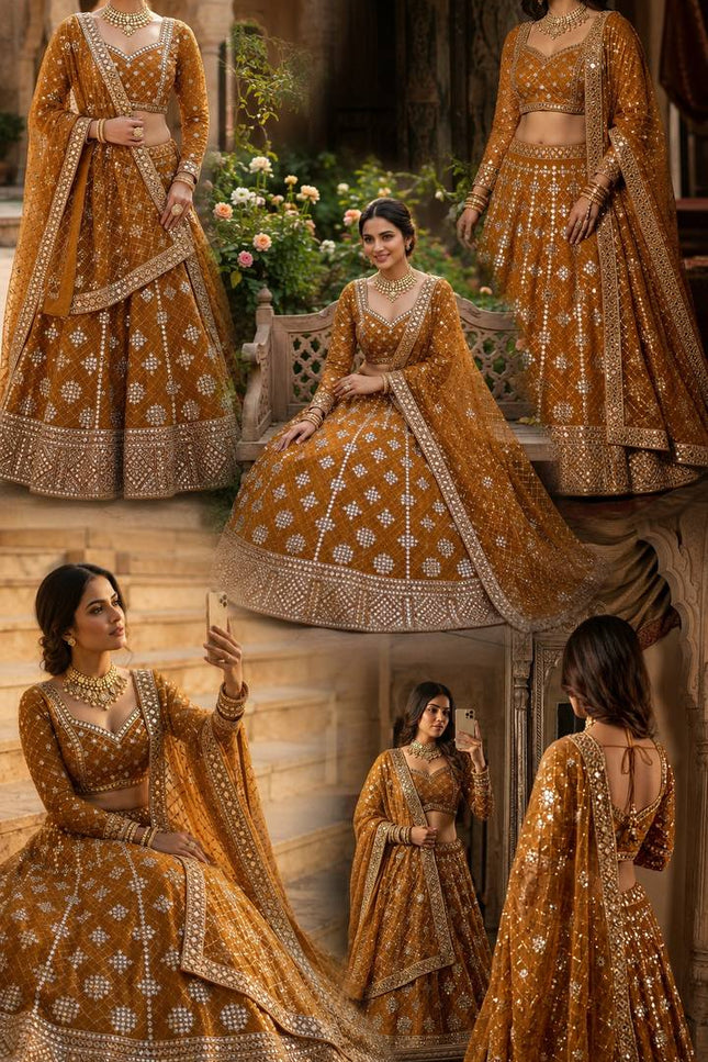 Faux Georgette Real Mirror & Sequins Embroidered Lehenga Choli with 4 - Meter Flare - Rosepetals Luxe