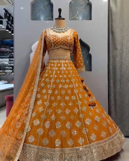 Faux Georgette Real Mirror & Sequins Embroidered Lehenga Choli with 4 - Meter Flare - Rosepetals Luxe