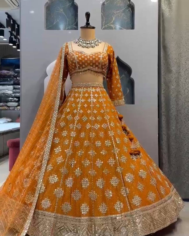 Faux Georgette Real Mirror & Sequins Embroidered Lehenga Choli with 4 - Meter Flare - Rosepetals Luxe