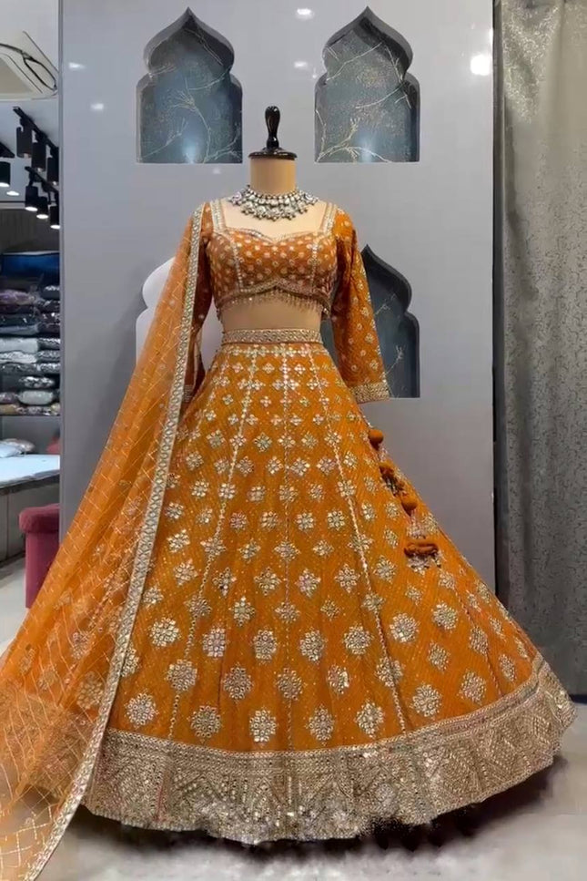 Faux Georgette Real Mirror & Sequins Embroidered Lehenga Choli with 4 - Meter Flare - Rosepetals Luxe
