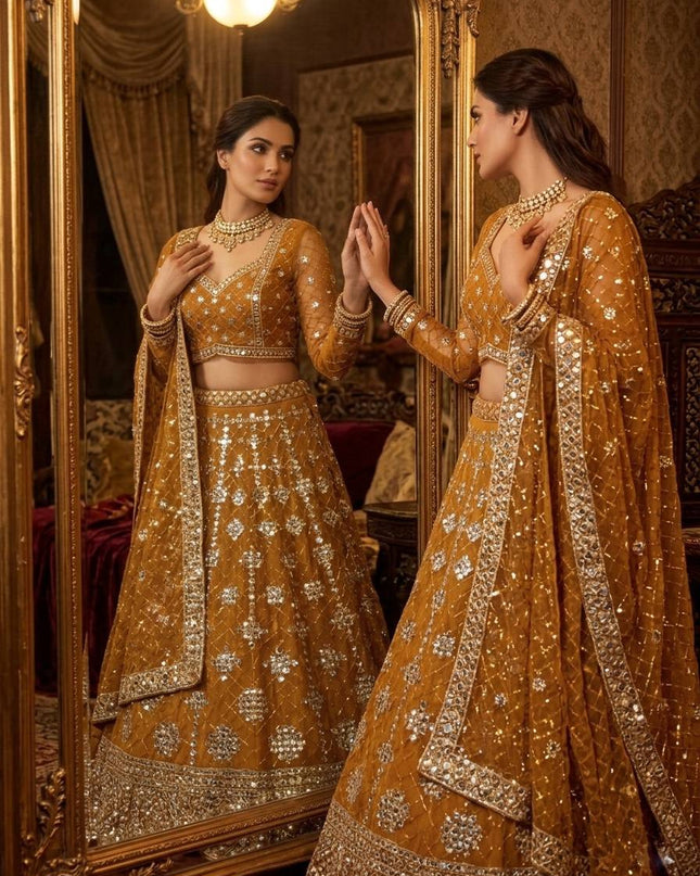 Faux Georgette Real Mirror & Sequins Embroidered Lehenga Choli with 4 - Meter Flare - Rosepetals Luxe
