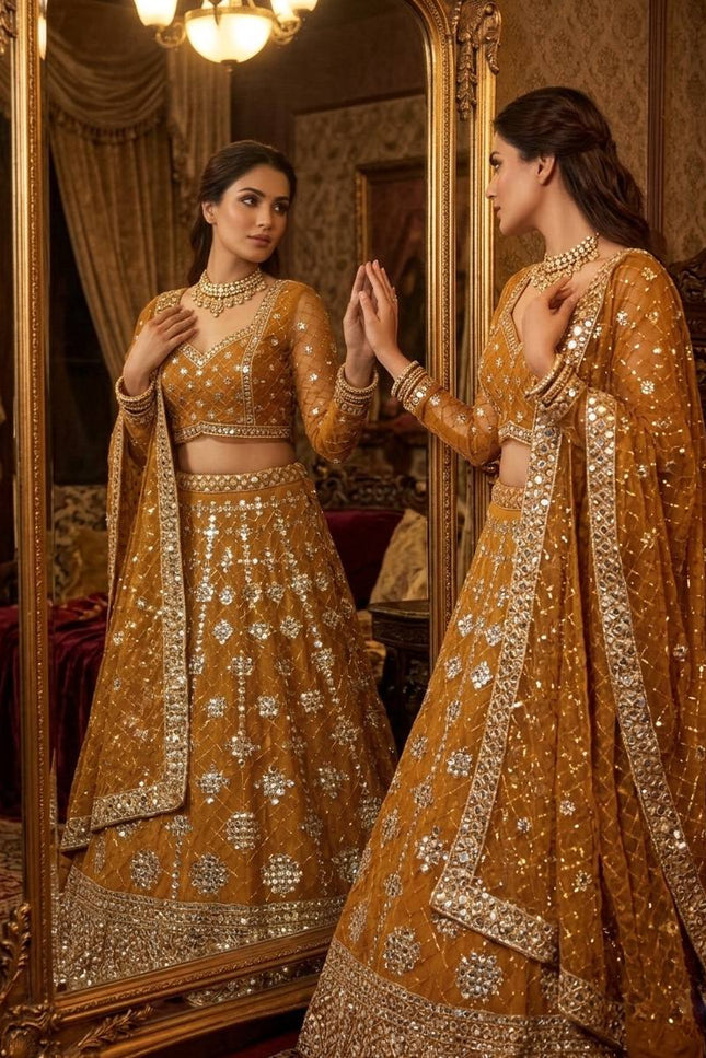 Faux Georgette Real Mirror & Sequins Embroidered Lehenga Choli with 4 - Meter Flare - Rosepetals Luxe