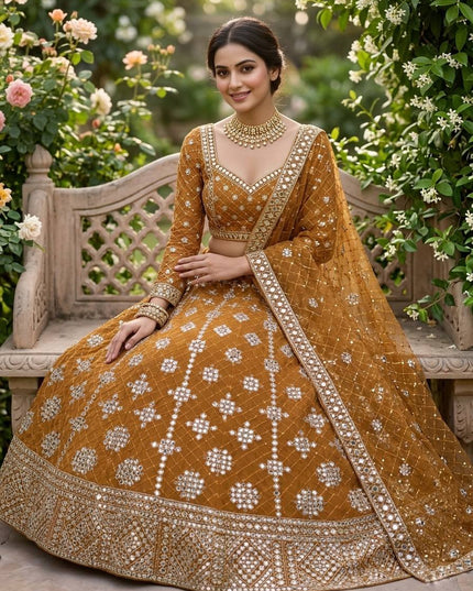 Faux Georgette Real Mirror & Sequins Embroidered Lehenga Choli with 4 - Meter Flare - Rosepetals Luxe
