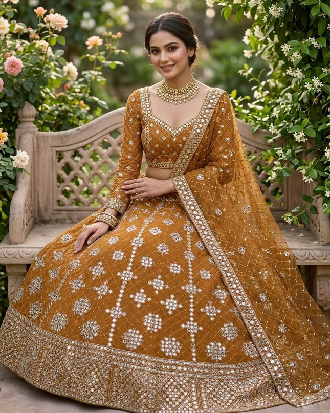 Faux Georgette Real Mirror & Sequins Embroidered Lehenga Choli with 4 - Meter Flare - Rosepetals Luxe