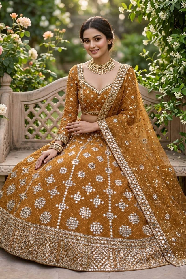 Faux Georgette Real Mirror & Sequins Embroidered Lehenga Choli with 4 - Meter Flare - Rosepetals Luxe