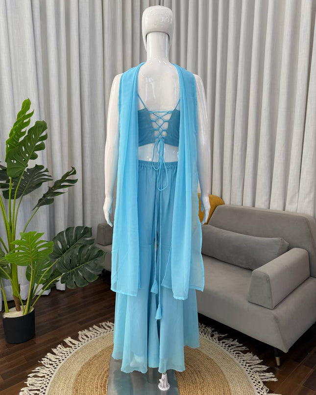 Faux Georgette Real Mirror Work Top, Sharara and Dupatta Set - Rosepetals Luxe