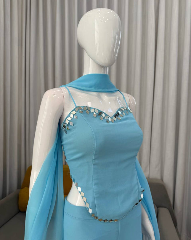 Faux Georgette Real Mirror Work Top, Sharara and Dupatta Set - Rosepetals Luxe