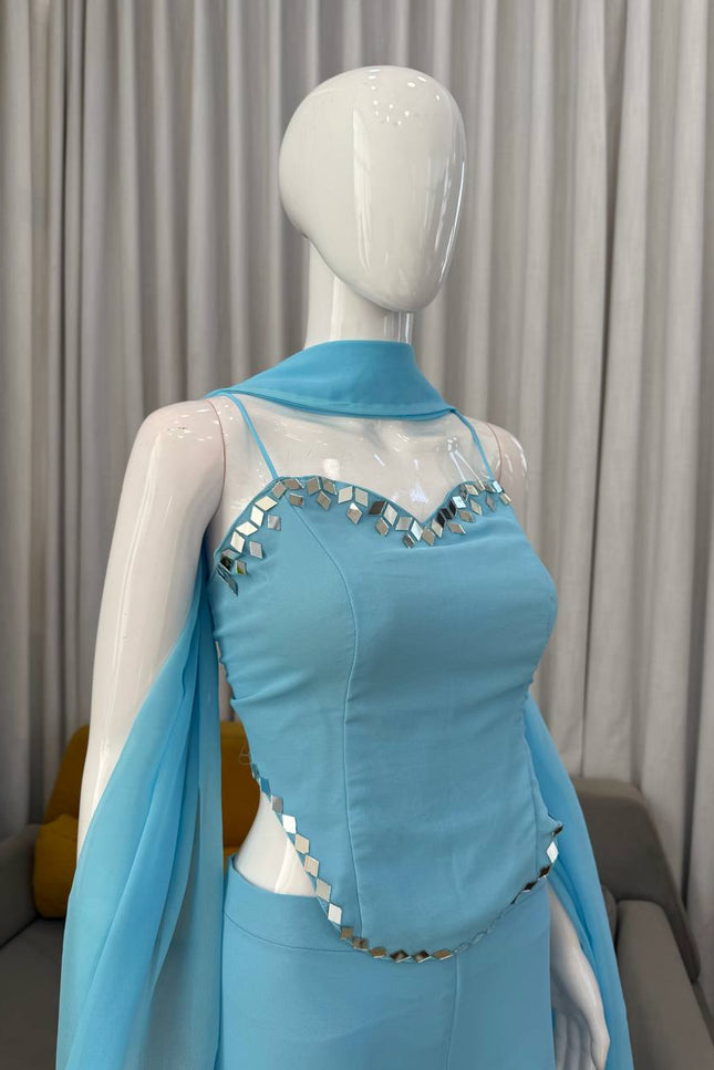 Faux Georgette Real Mirror Work Top, Sharara and Dupatta Set - Rosepetals Luxe