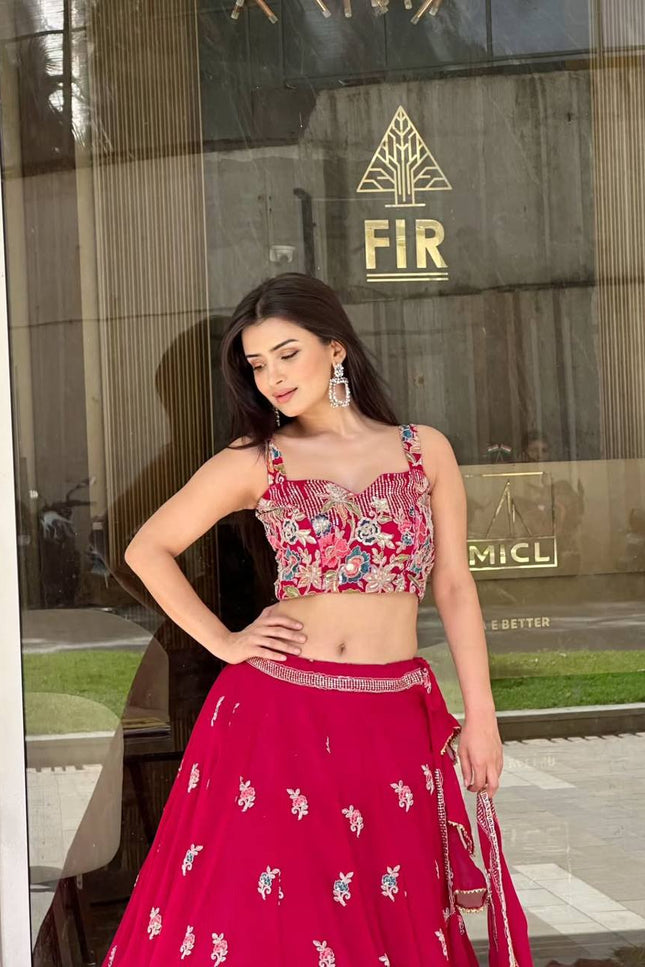 Faux Georgette Sequence Embroidery Lehenga Choli with Coding Dori Work - Rosepetals Luxe