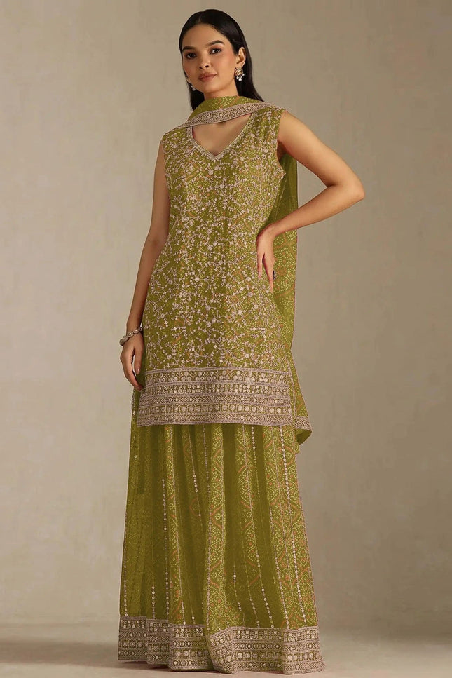 Faux Georgette Sharara Set | Digital Print & Embroidery | 3-Piece | Sizes 34–50 - Rosepetals Luxe