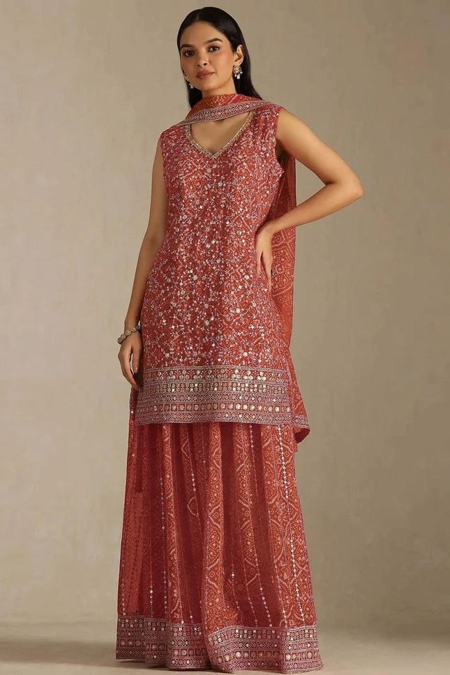 Faux Georgette Sharara Set | Digital Print & Embroidery | 3-Piece | Sizes 34–50 - Rosepetals Luxe