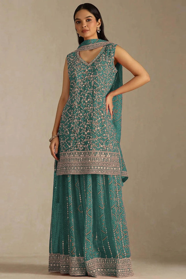 Faux Georgette Sharara Set | Digital Print & Embroidery | 3-Piece | Sizes 34–50 - Rosepetals Luxe