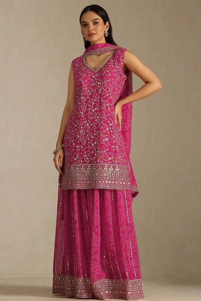 Faux Georgette Sharara Set | Digital Print & Embroidery | 3-Piece | Sizes 34–50 - Rosepetals Luxe