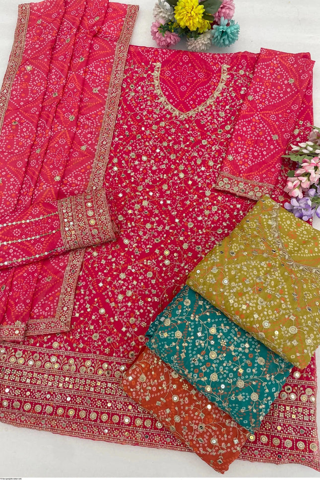 Faux Georgette Sharara Set | Digital Print & Embroidery | 3-Piece | Sizes 34–50 - Rosepetals Luxe