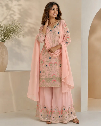 Georgette Embroidered Palazzo Suit Set with Cording Sequence Work and Dupatta