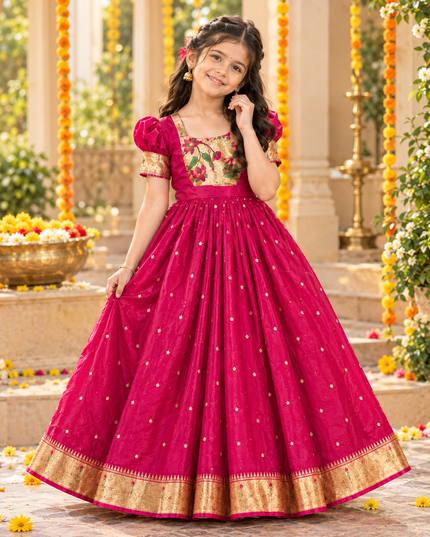 Kids Traditional Paithani Gown with Zari Weaving Work and Heavy Crepe Lining