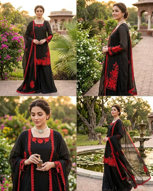 Fendi Silk Top Palazzo and Dupatta Set | Thread and Sequins Work - Rosepetals Luxe