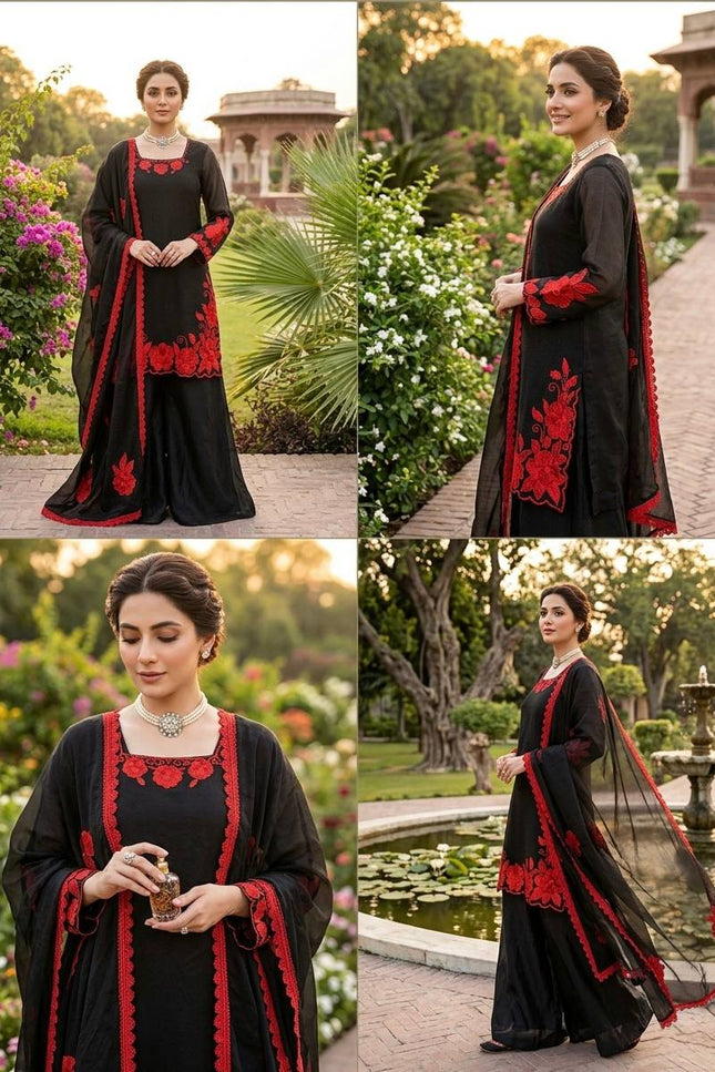 Fendi Silk Top Palazzo and Dupatta Set | Thread and Sequins Work - Rosepetals Luxe