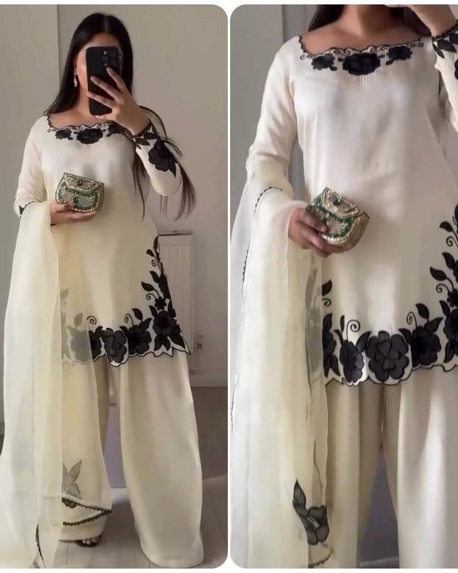 Fendi Silk Top Palazzo and Dupatta Set | Thread and Sequins Work - Rosepetals Luxe